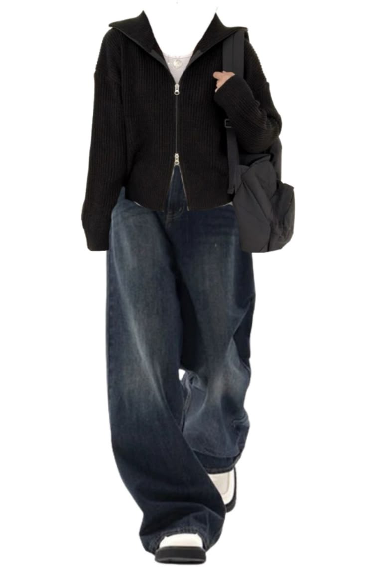 Vintage Blue 90s Boyfriend Jeans + Oversized Zip-Up Cardigan | Retro Streetwear Set