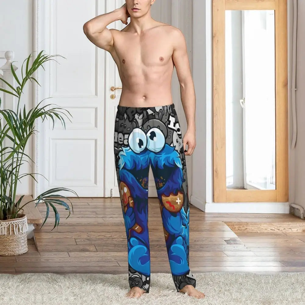Custom Cookie Monster Pajama Pants Sleepwear for Men Elastic Waistband Sleep Lounge Bottoms with Pockets