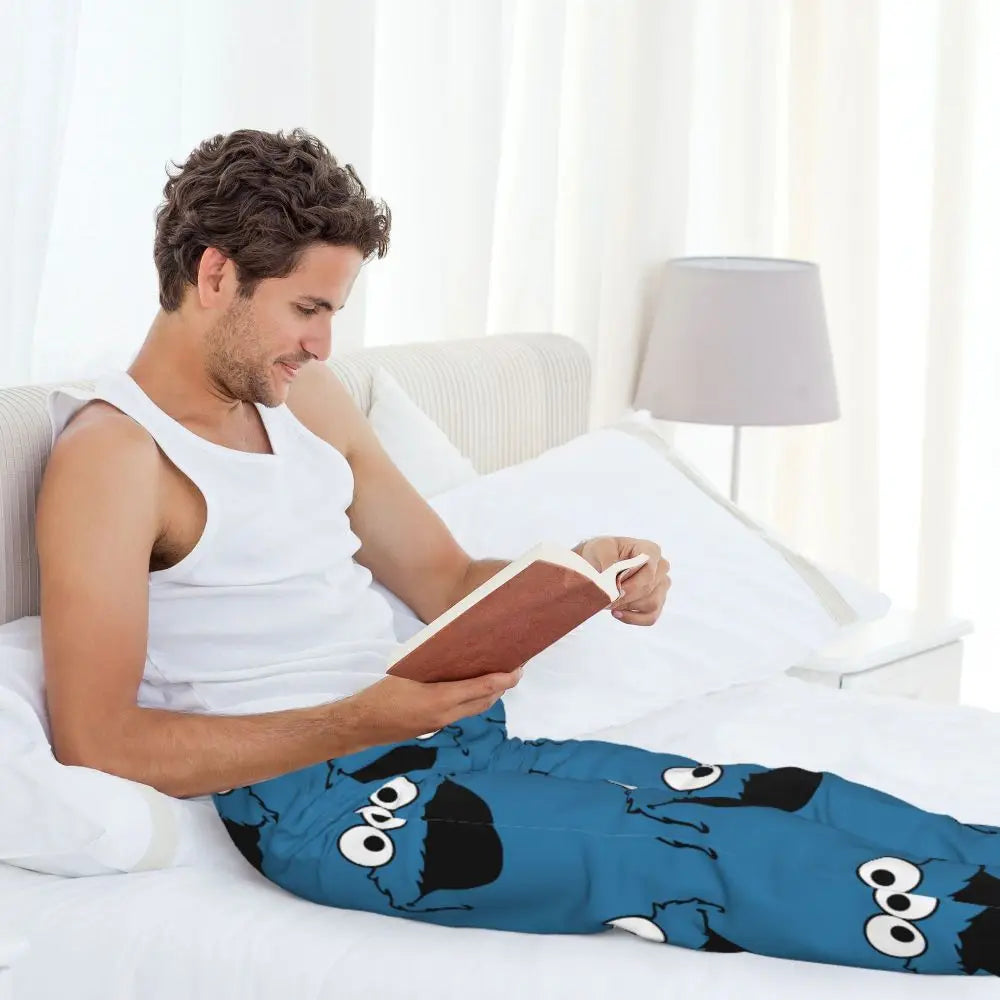 Custom Cookie Monster Pajama Pants Sleepwear for Men Elastic Waistband Sleep Lounge Bottoms with Pockets