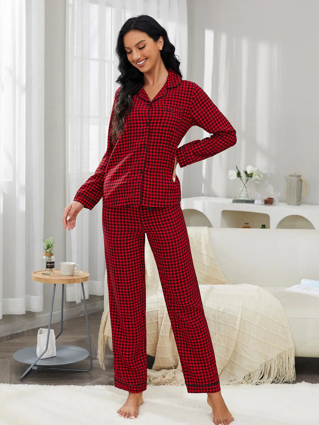 Plaid Pajama Sets Women's Sleep Single Breasted Blouses Lounge Cardigan Ankle Length Straight Pants Pockets Loose Casual