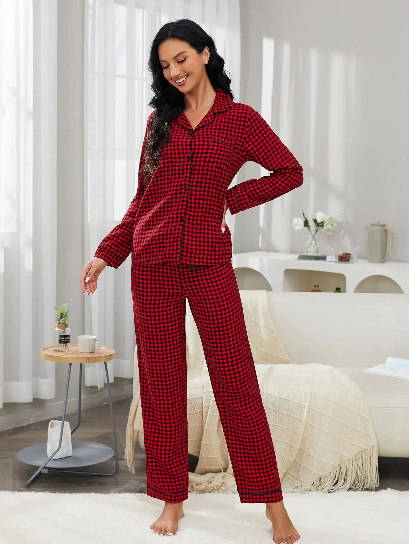 Plaid Pajama Sets Women's Sleep Single Breasted Blouses Lounge Cardigan Ankle Length Straight Pants Pockets Loose Casual