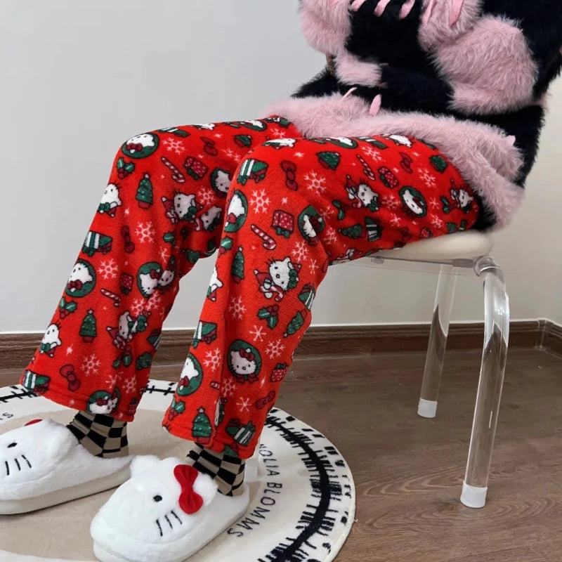 Sanrio Hello Kitty Pajamas Pants Black Pink Anime Flannel Women Warm Woolen White Cartoon Casual Home Pant Autumn Grils Trousers