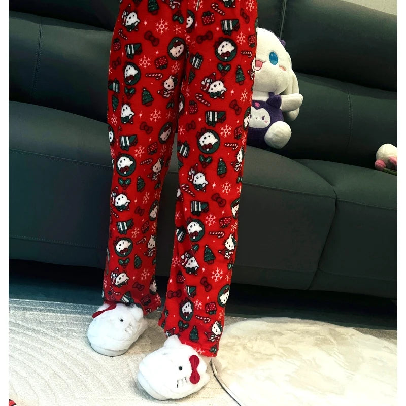 Sanrio Hello Kitty Pajamas Pants Black Pink Anime Flannel Women Warm Woolen White Cartoon Casual Home Pant Autumn Grils Trousers