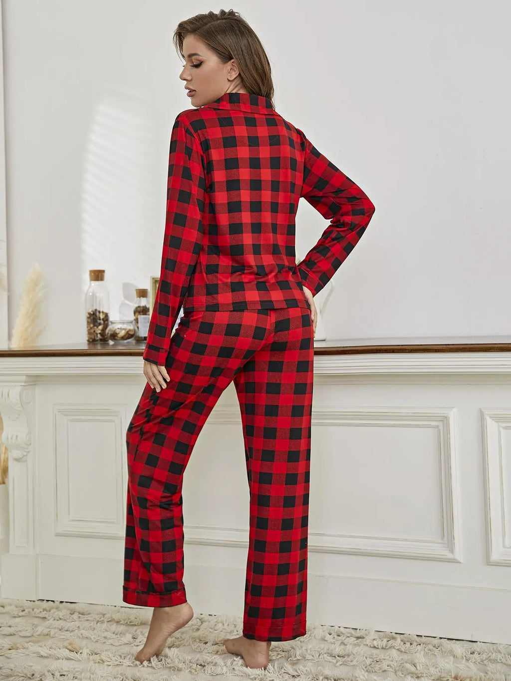 Plaid Pajama Sets Women's Sleep Single Breasted Blouses Lounge Cardigan Ankle Length Straight Pants Pockets Loose Casual