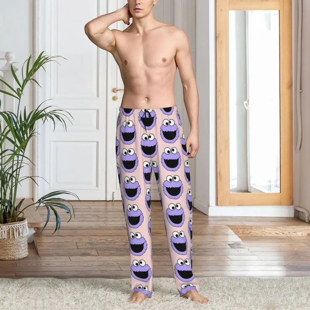 Custom Cookie Monster Pajama Pants Sleepwear for Men Elastic Waistband Sleep Lounge Bottoms with Pockets
