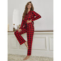 Plaid Pajama Sets Women's Sleep Single Breasted Blouses Lounge Cardigan Ankle Length Straight Pants Pockets Loose Casual