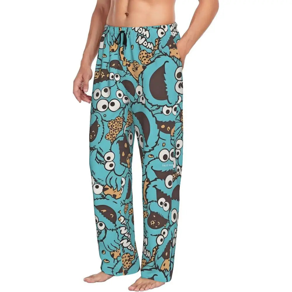 Custom Cookie Monster Pajama Pants Sleepwear for Men Elastic Waistband Sleep Lounge Bottoms with Pockets
