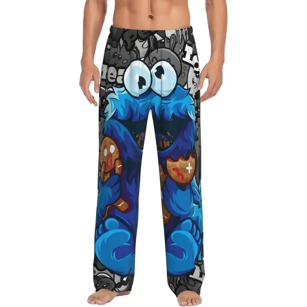 Custom Cookie Monster Pajama Pants Sleepwear for Men Elastic Waistband Sleep Lounge Bottoms with Pockets