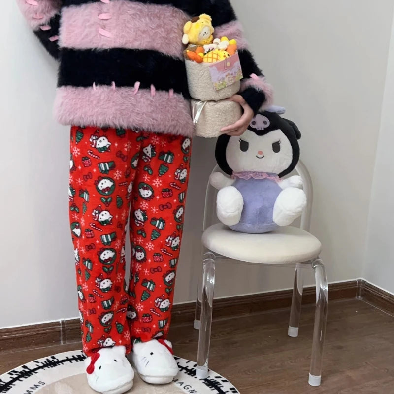 Sanrio Hello Kitty Pajamas Pants Black Pink Anime Flannel Women Warm Woolen White Cartoon Casual Home Pant Autumn Grils Trousers