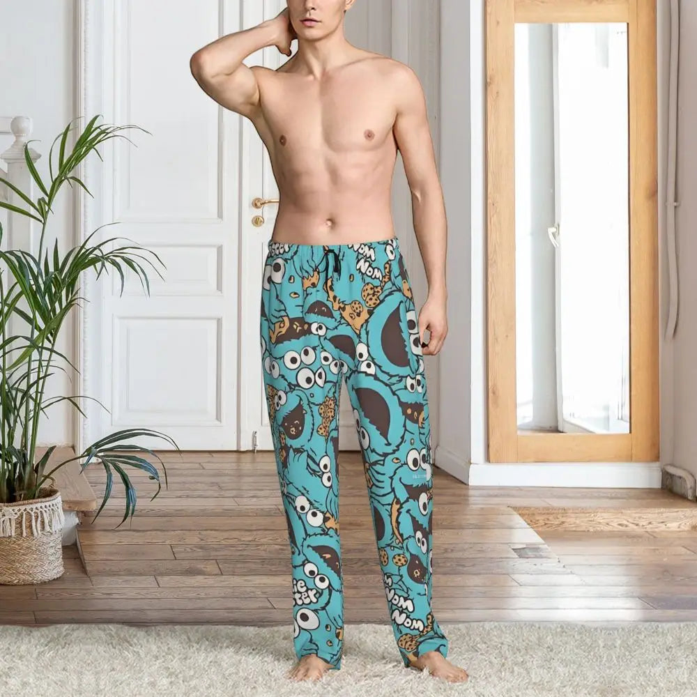 Custom Cookie Monster Pajama Pants Sleepwear for Men Elastic Waistband Sleep Lounge Bottoms with Pockets