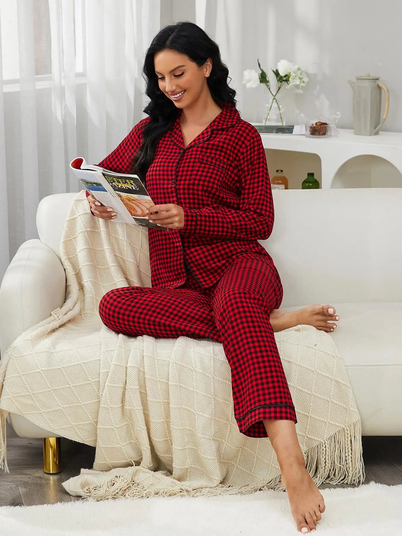 Plaid Pajama Sets Women's Sleep Single Breasted Blouses Lounge Cardigan Ankle Length Straight Pants Pockets Loose Casual