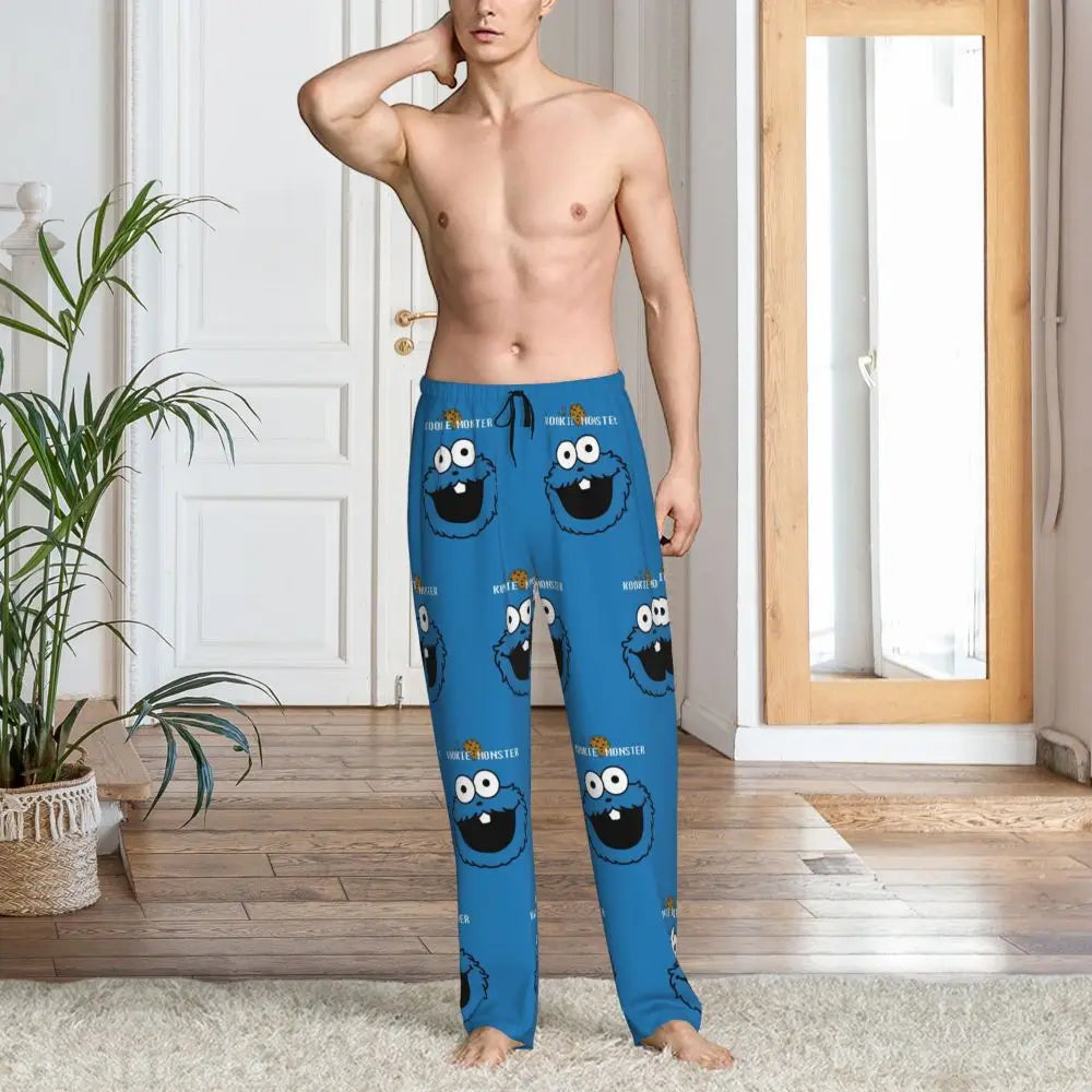 Custom Cookie Monster Pajama Pants Sleepwear for Men Elastic Waistband Sleep Lounge Bottoms with Pockets