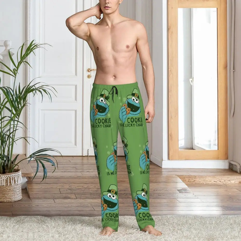 Custom Cookie Monster Pajama Pants Sleepwear for Men Elastic Waistband Sleep Lounge Bottoms with Pockets