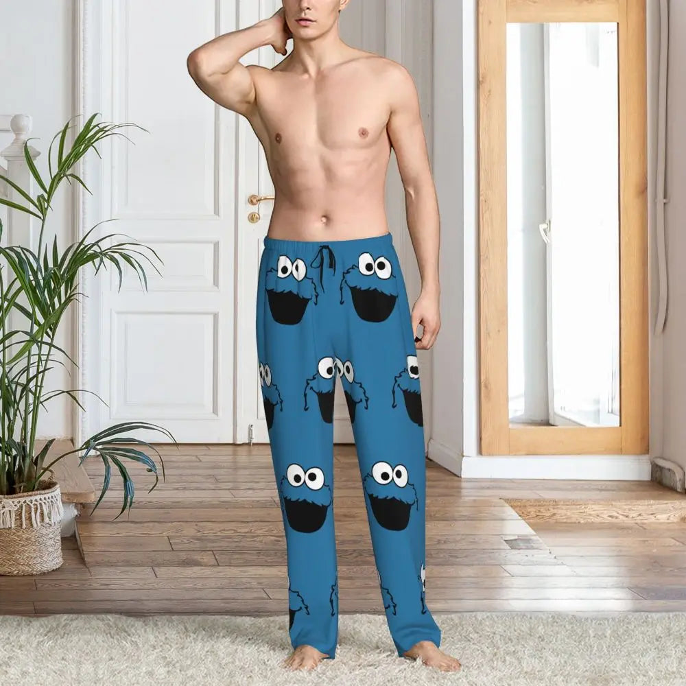 Custom Cookie Monster Pajama Pants Sleepwear for Men Elastic Waistband Sleep Lounge Bottoms with Pockets