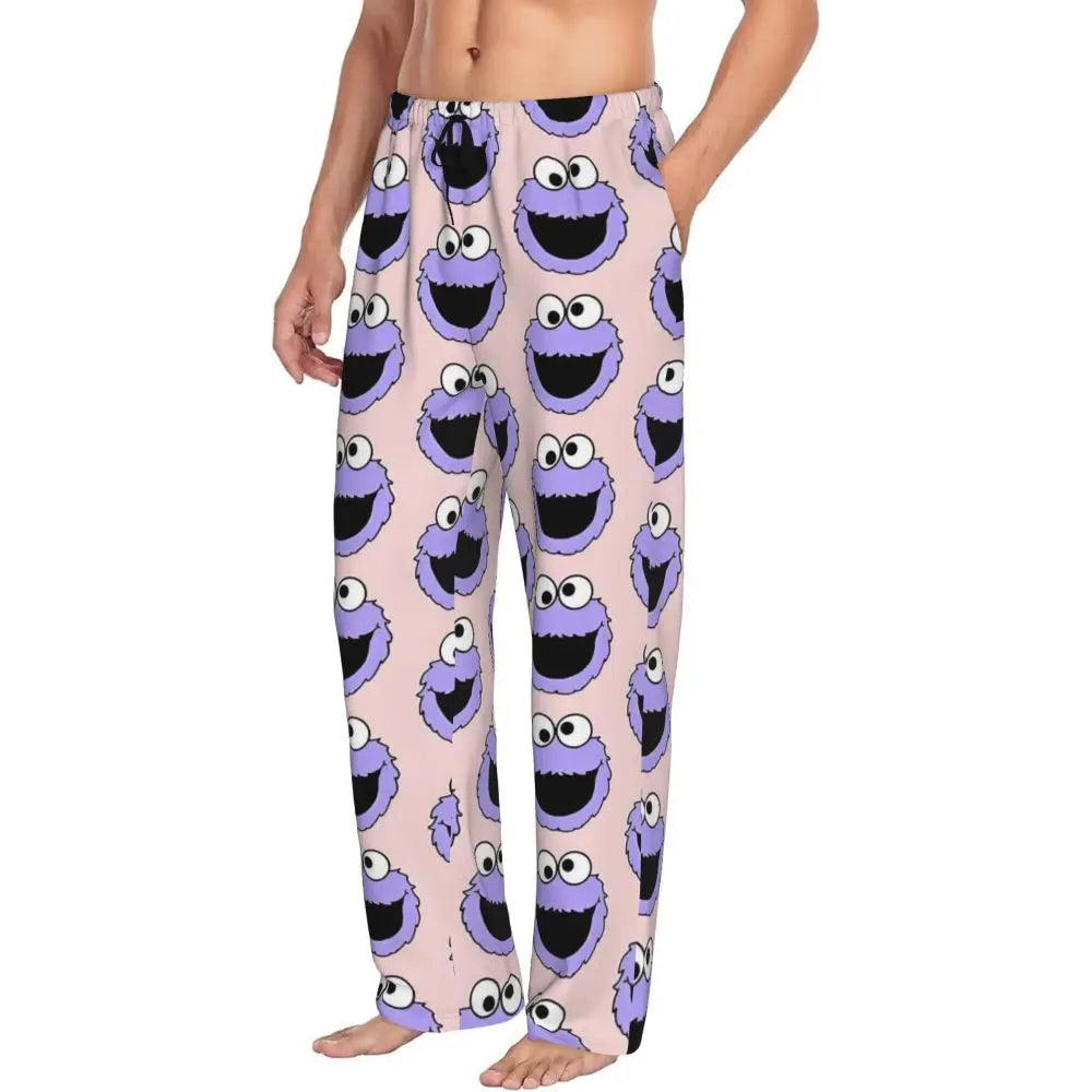 Custom Cookie Monster Pajama Pants Sleepwear for Men Elastic Waistband Sleep Lounge Bottoms with Pockets