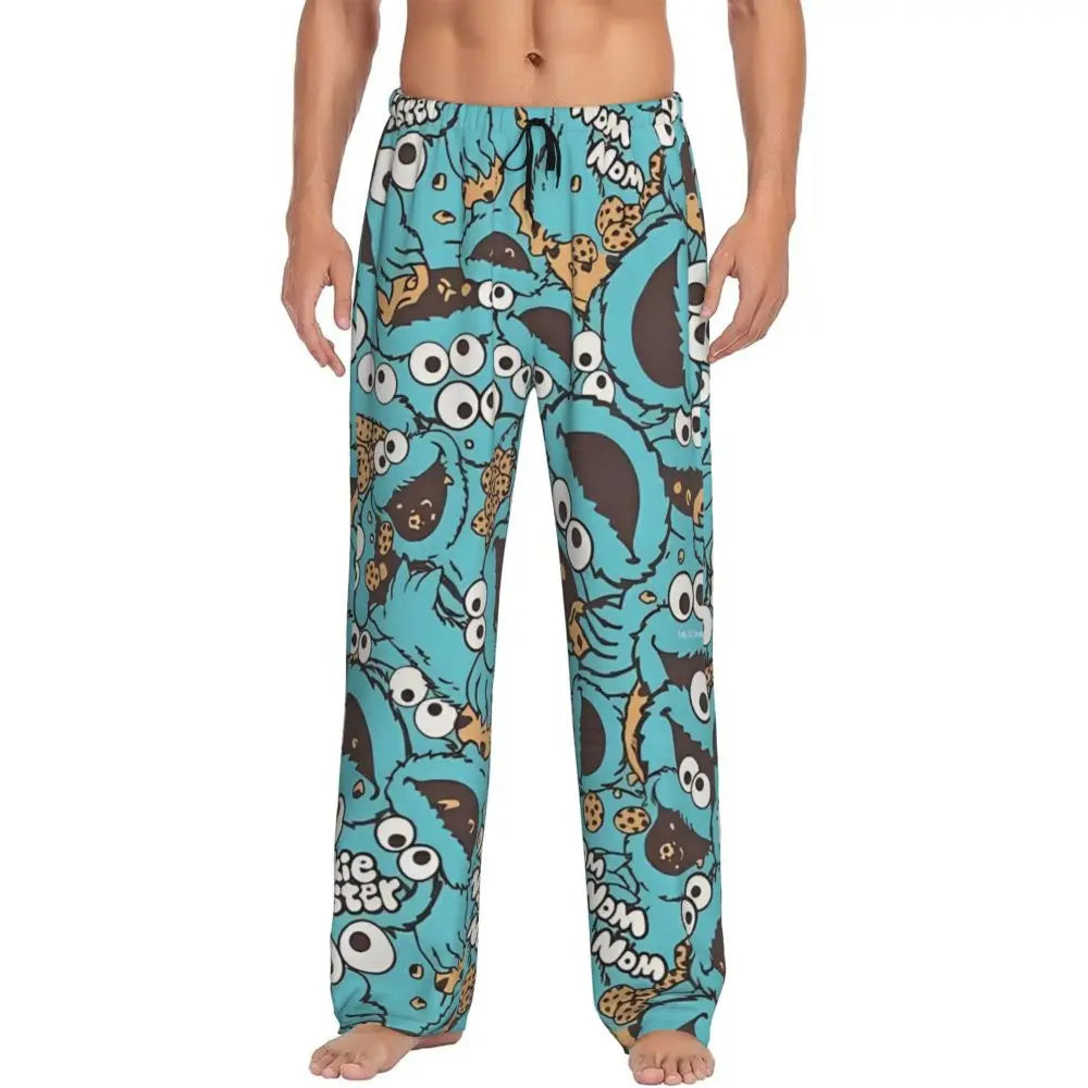 Custom Cookie Monster Pajama Pants Sleepwear for Men Elastic Waistband Sleep Lounge Bottoms with Pockets