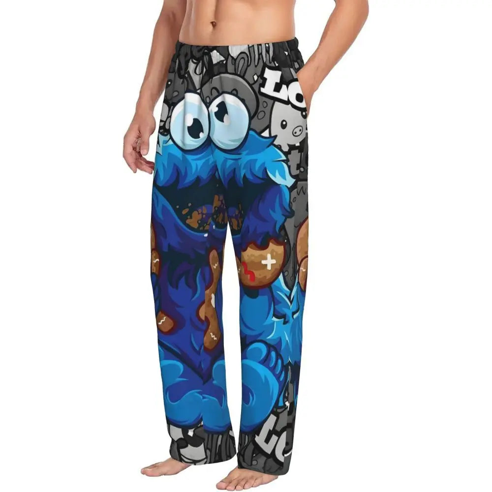 Custom Cookie Monster Pajama Pants Sleepwear for Men Elastic Waistband Sleep Lounge Bottoms with Pockets