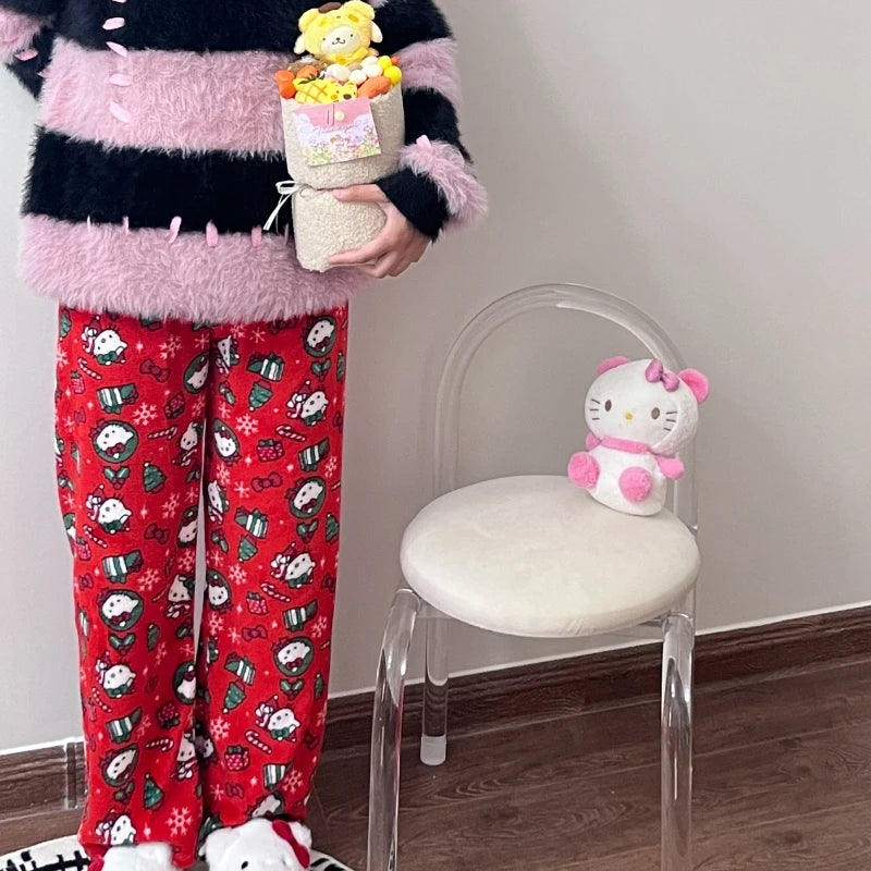 Sanrio Hello Kitty Pajamas Pants Black Pink Anime Flannel Women Warm Woolen White Cartoon Casual Home Pant Autumn Grils Trousers