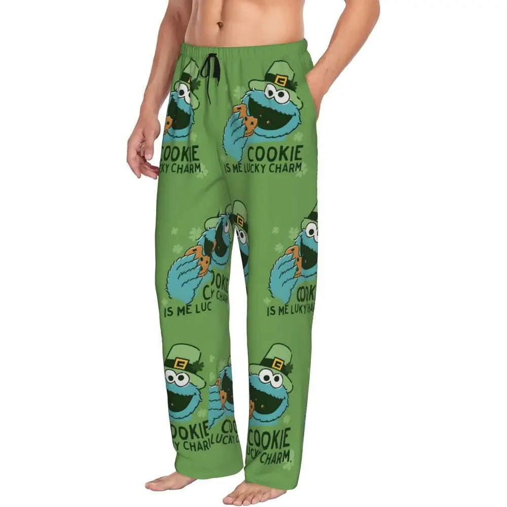 Custom Cookie Monster Pajama Pants Sleepwear for Men Elastic Waistband Sleep Lounge Bottoms with Pockets