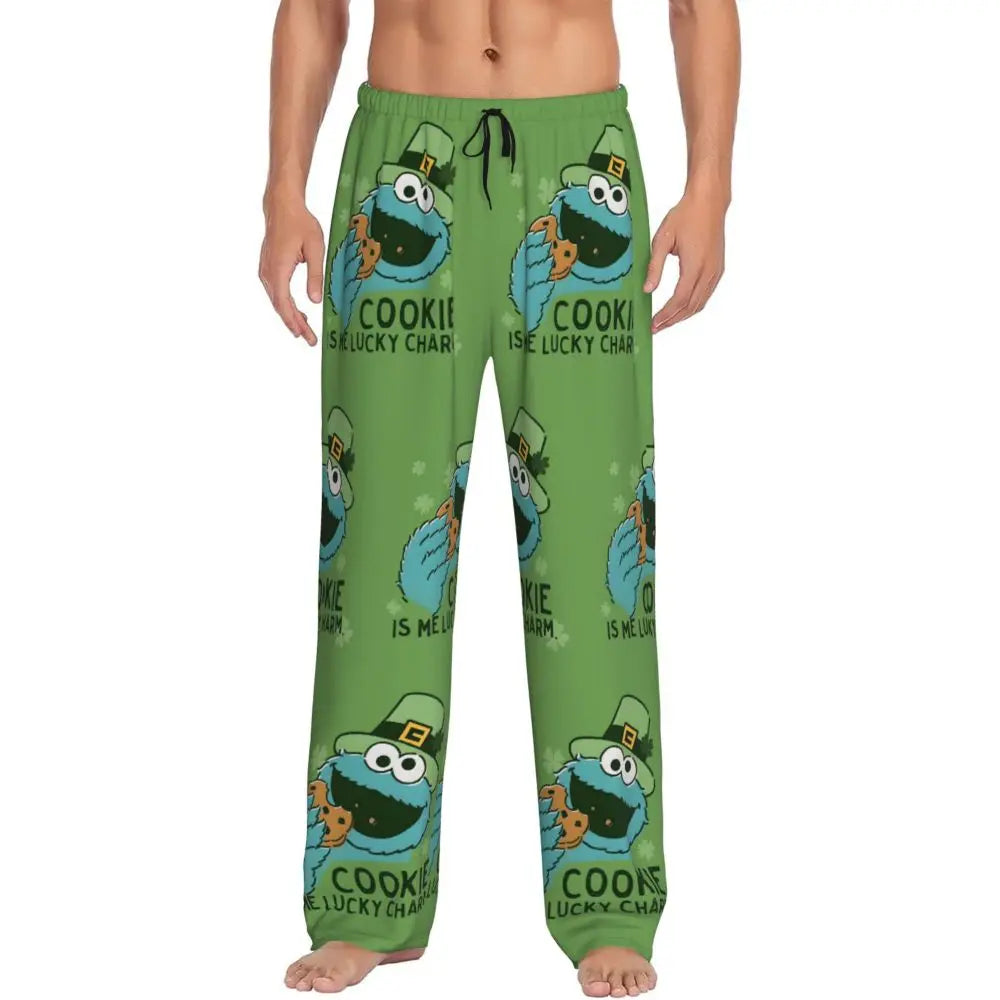 Custom Cookie Monster Pajama Pants Sleepwear for Men Elastic Waistband Sleep Lounge Bottoms with Pockets