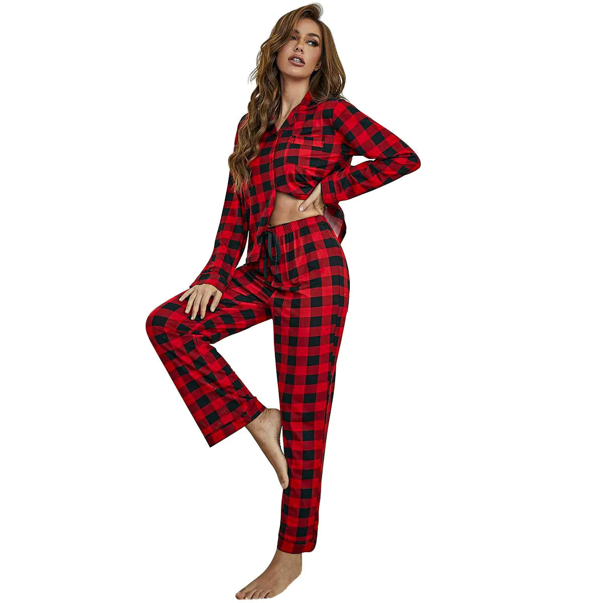 Plaid Pajama Sets Women's Sleep Single Breasted Blouses Lounge Cardigan Ankle Length Straight Pants Pockets Loose Casual