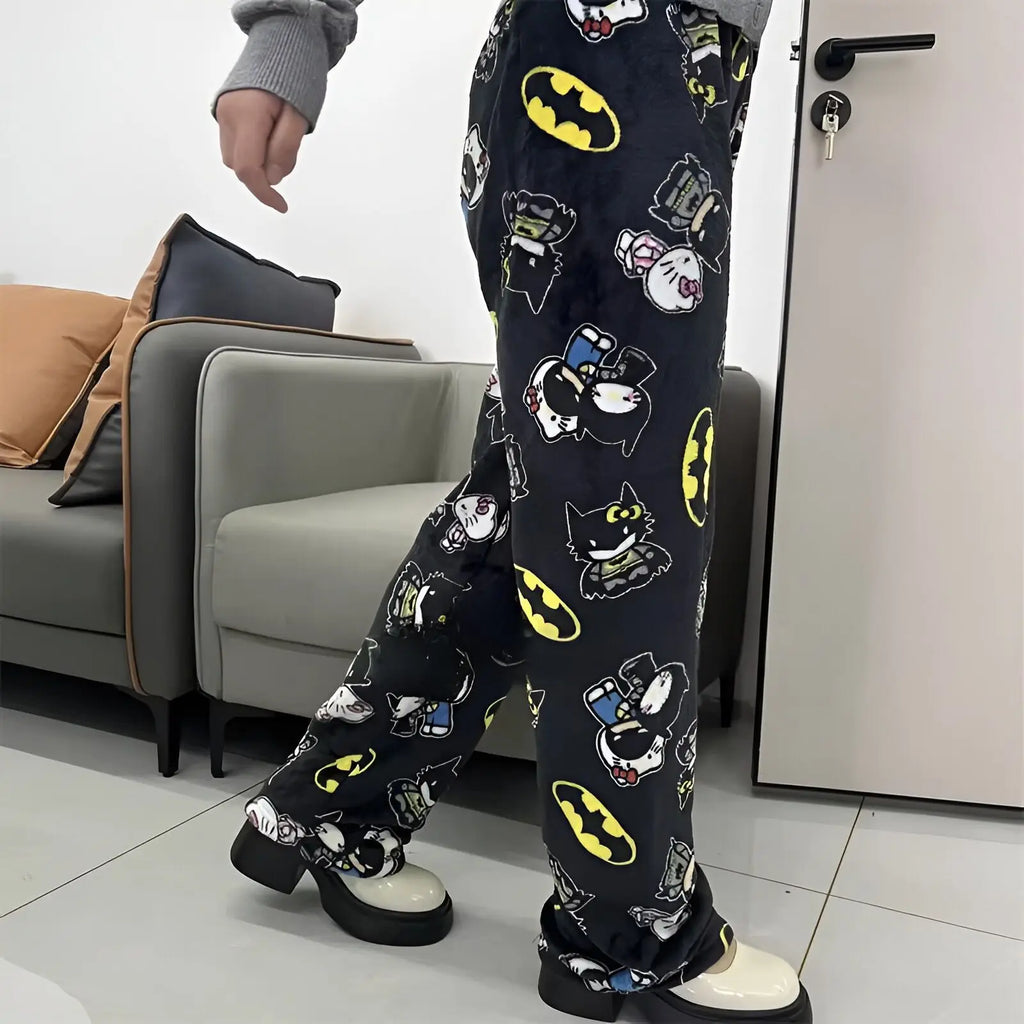 New Kawaii Y2k Autumn Hello Kitty Batman Pajama Pants Cartoon Hip Hop Ladies Warm Casual Flannel Cute Pants Plush Style Clothing