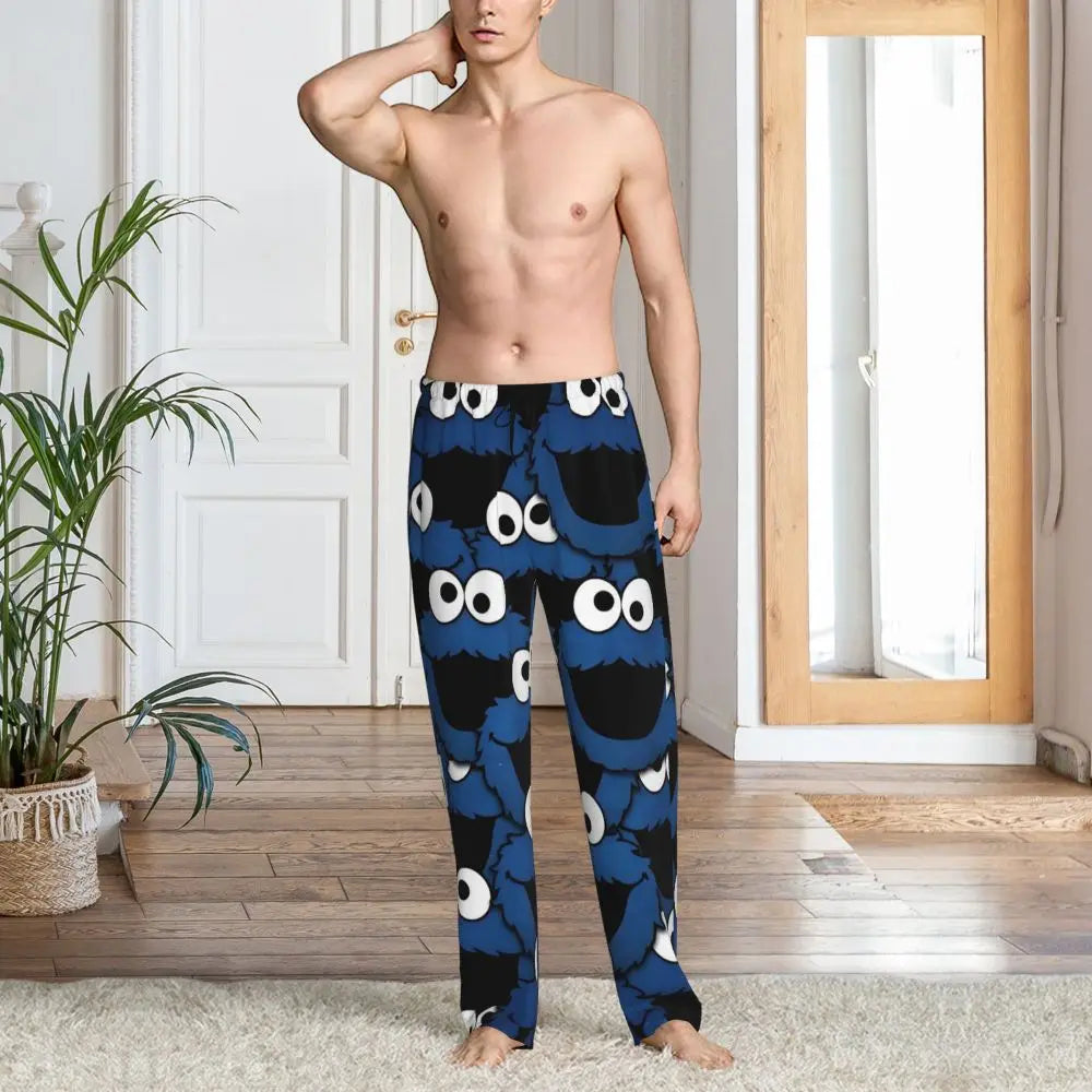 Custom Cookie Monster Pajama Pants Sleepwear for Men Elastic Waistband Sleep Lounge Bottoms with Pockets