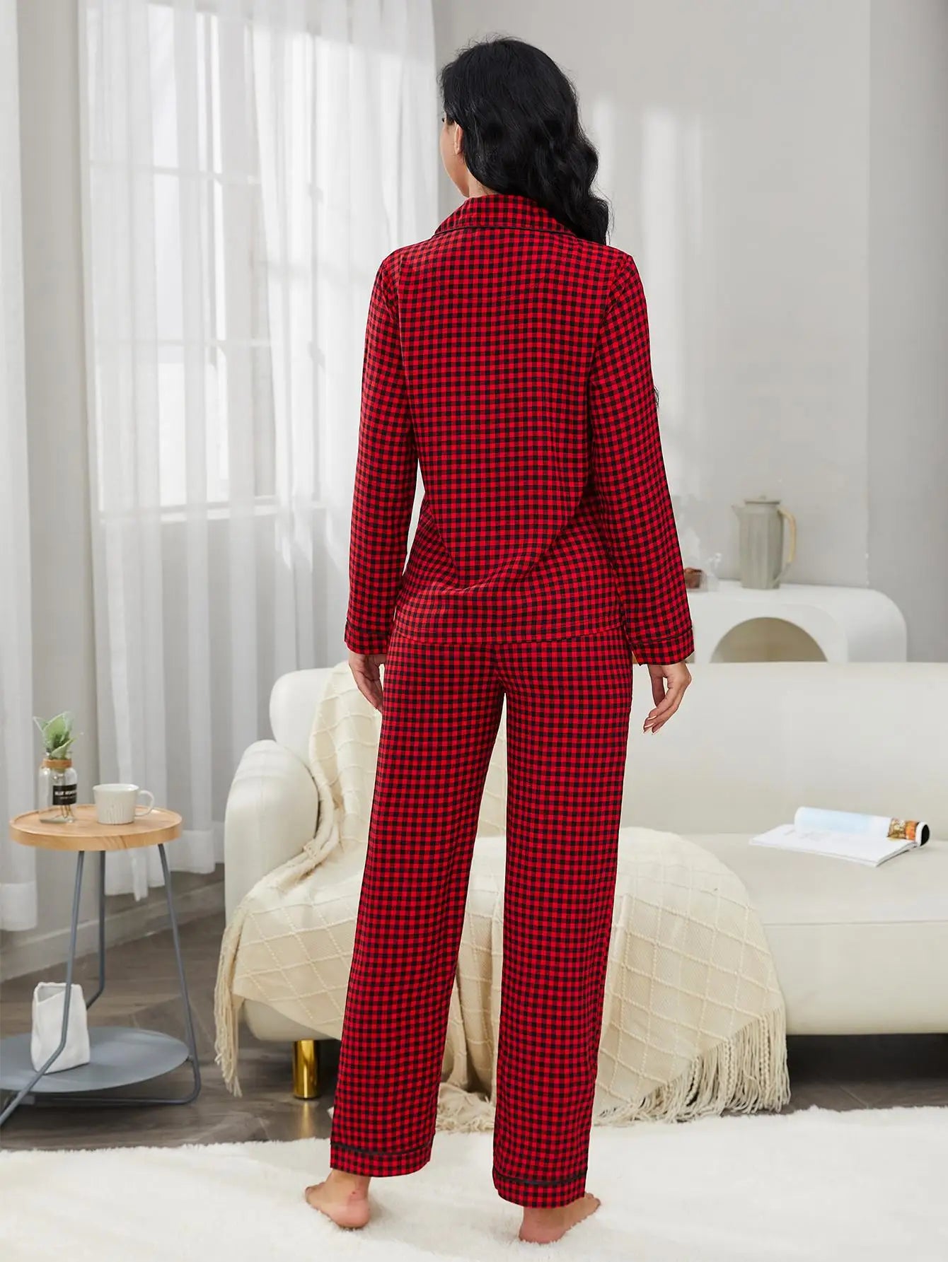 Plaid Pajama Sets Women's Sleep Single Breasted Blouses Lounge Cardigan Ankle Length Straight Pants Pockets Loose Casual